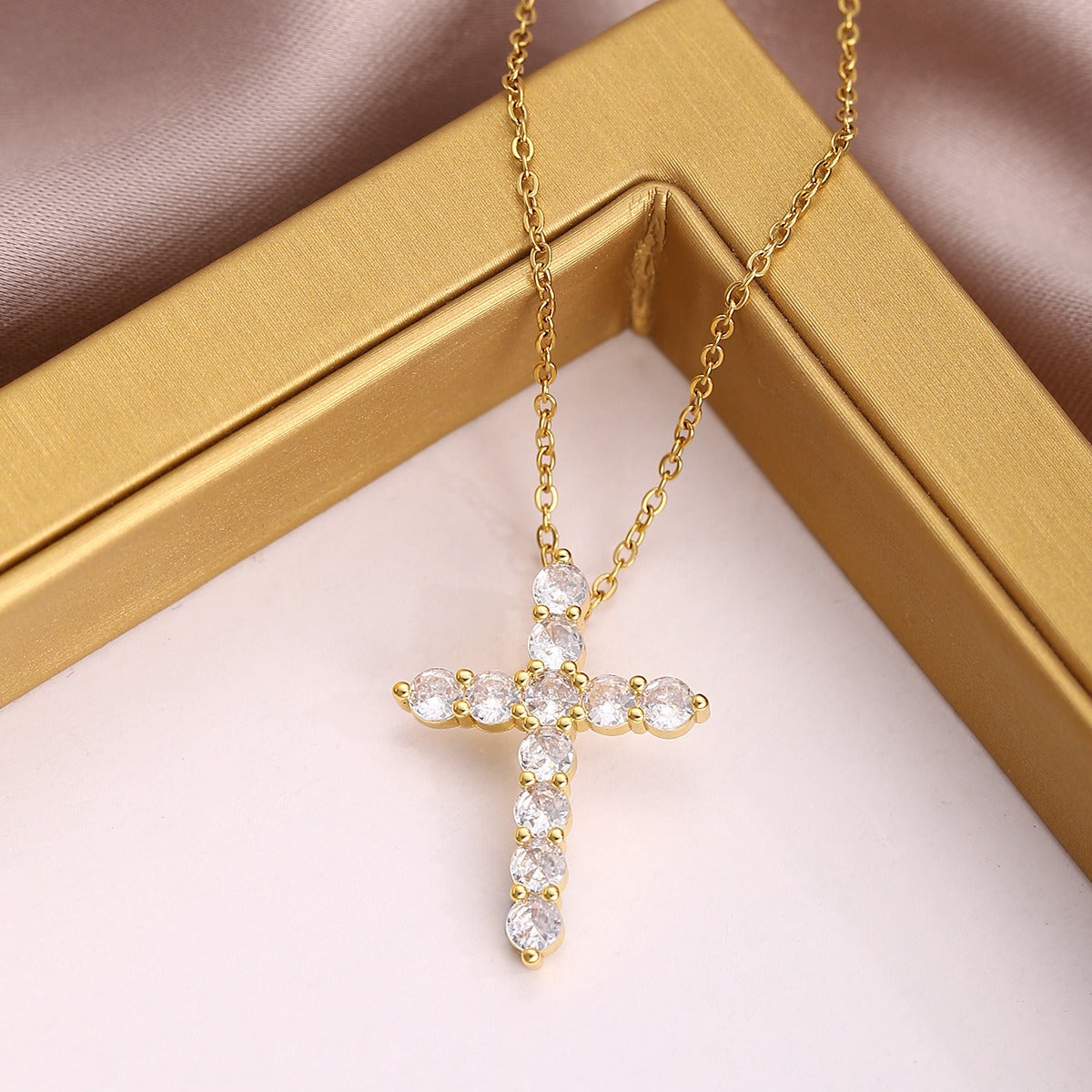 Cubic Zirconia Lucky Cross Pendant Necklace, 14K Gold Plated