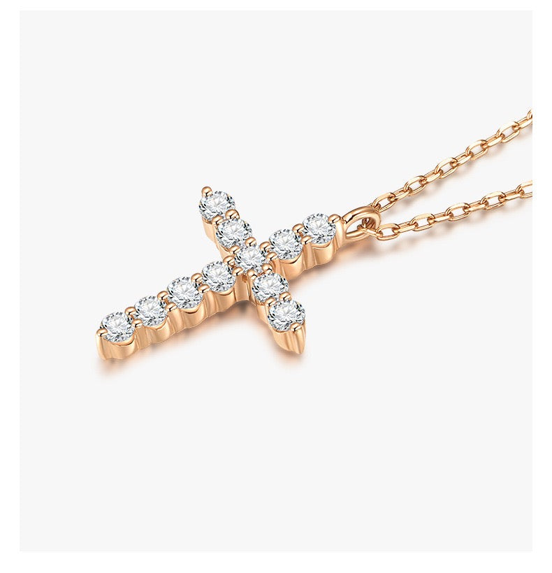 Cubic Zirconia Lucky Cross Pendant Necklace, 14K Gold Plated